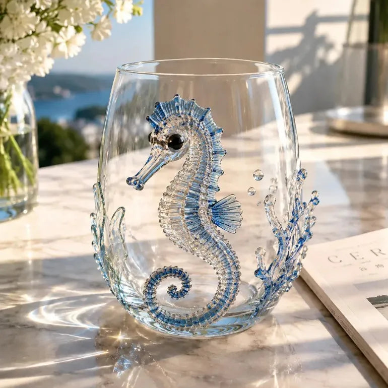 OcéanoVivo — Set de 4 Vasos de Cristal con Figuras Marinas