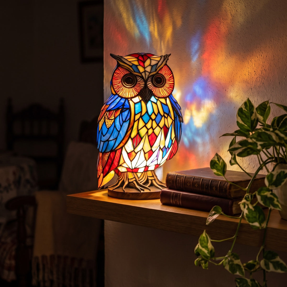 Lámpara búho de vitral encendida sobre un estante de roble por la noche