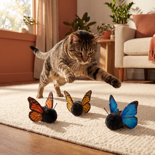 Gato jugando con las tres mariposas AeroPaw
