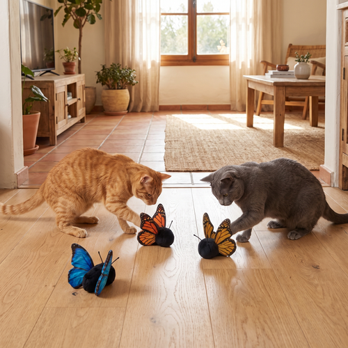 Dos gatos jugando con el set de 3 mariposas