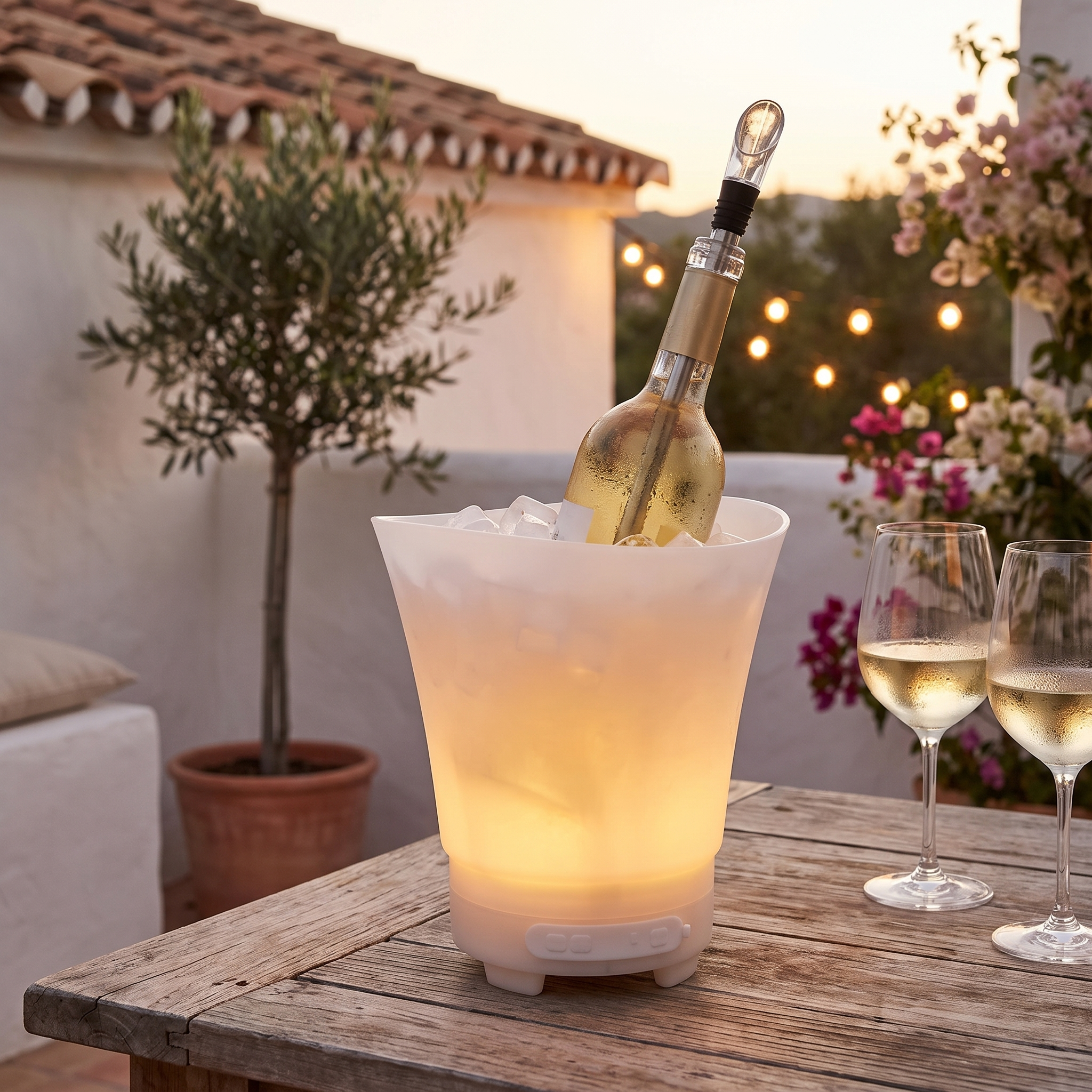 Cubitera LED CubiLuz con botella de vino y varilla VinoFrio en una terraza espanola