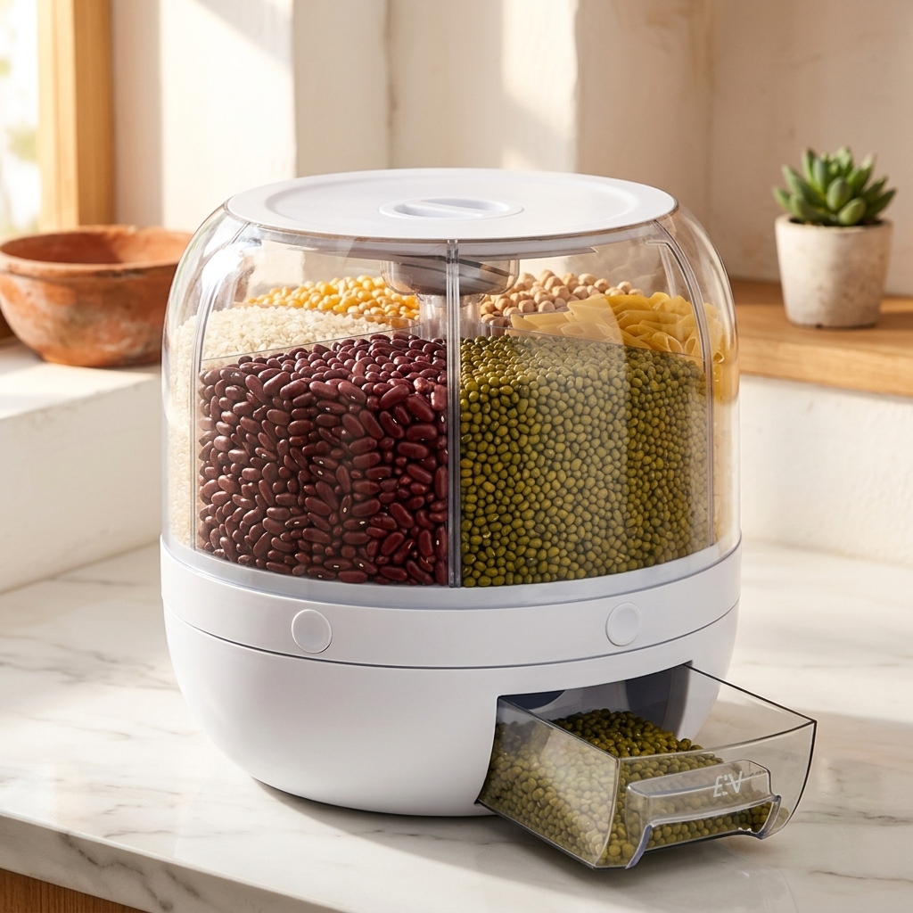 GiraGrano — dispensador giratorio de cereales de 6 compartimentos en una cocina española