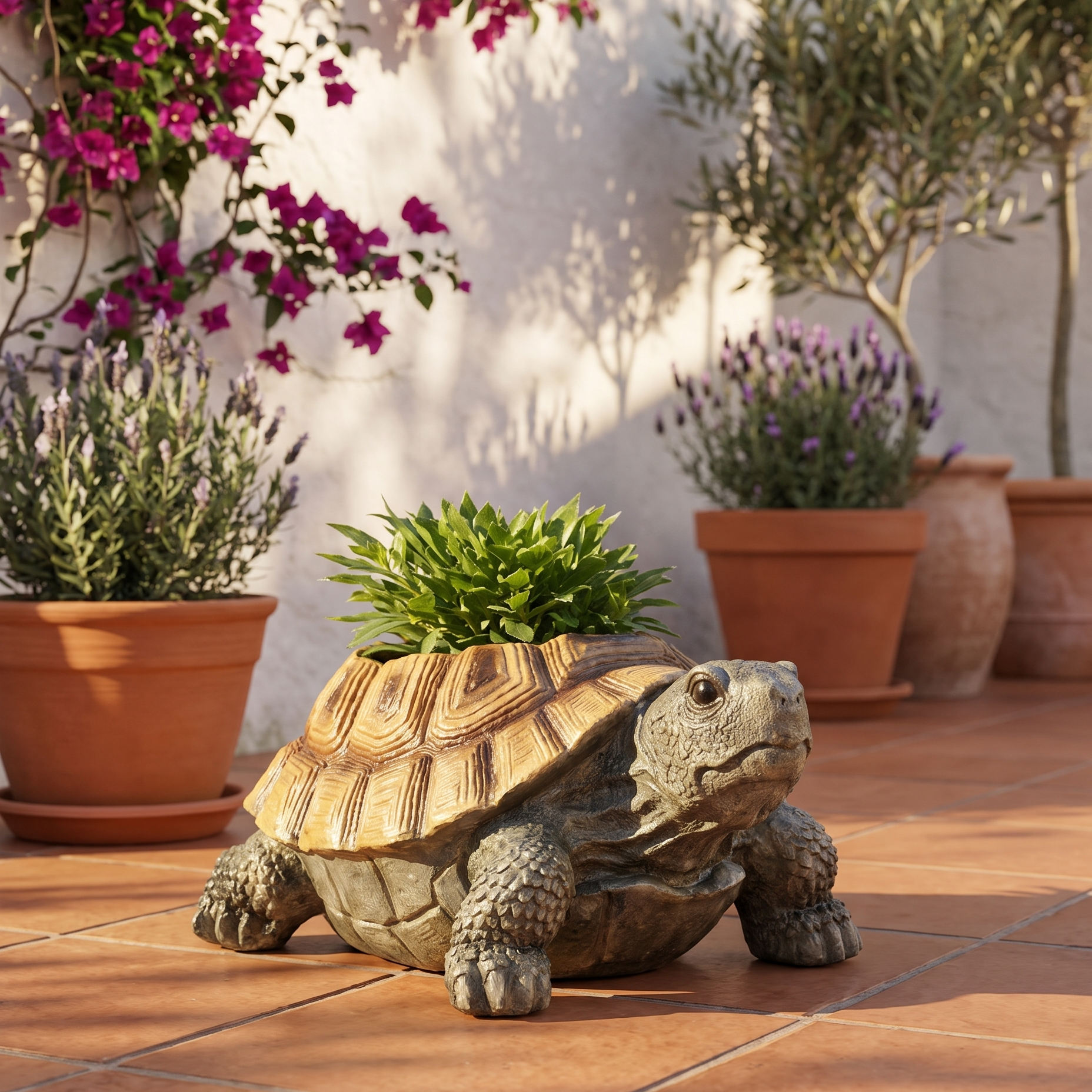 Maceta tortuga decorativa en un patio mediterraneo