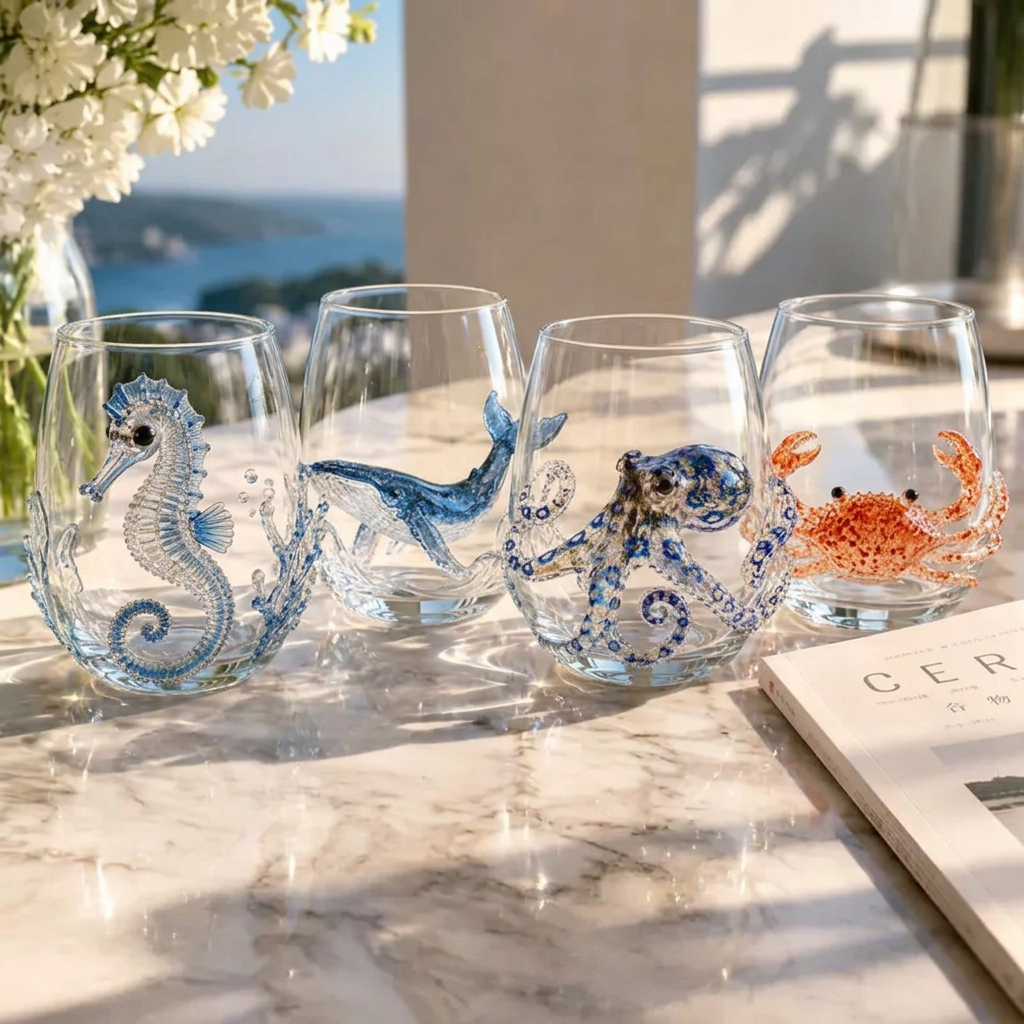 OcéanoVivo — Set de 4 Vasos de Cristal con Figuras Marinas