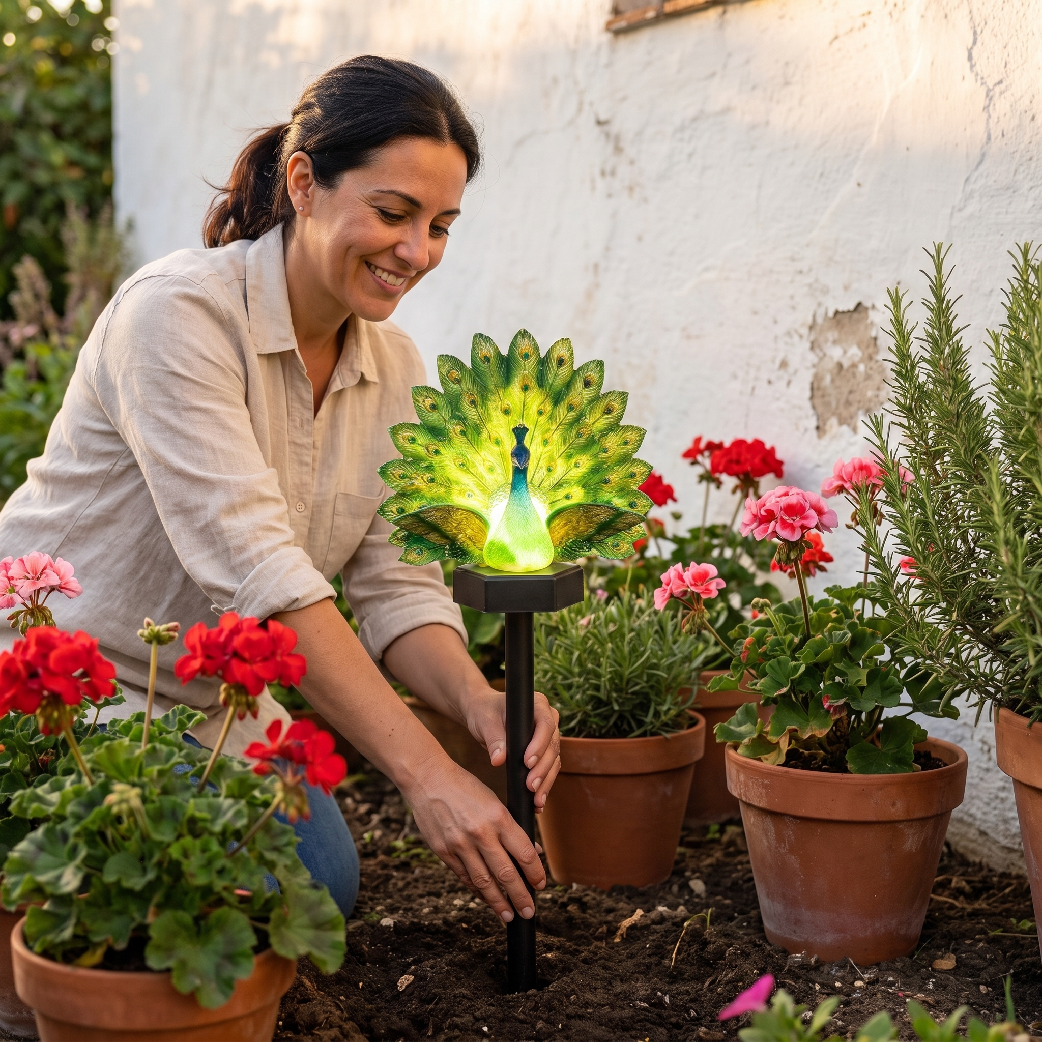 Mujer clavando la lampara solar de pavo real en la tierra del jardin