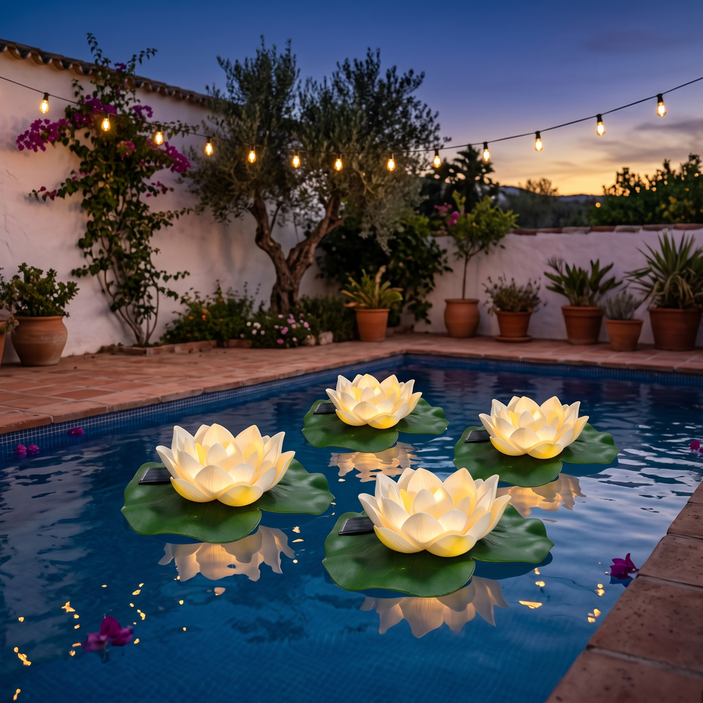 Cuatro lamparas solares flotantes de loto blanco encendidas en una piscina espanola al anochecer