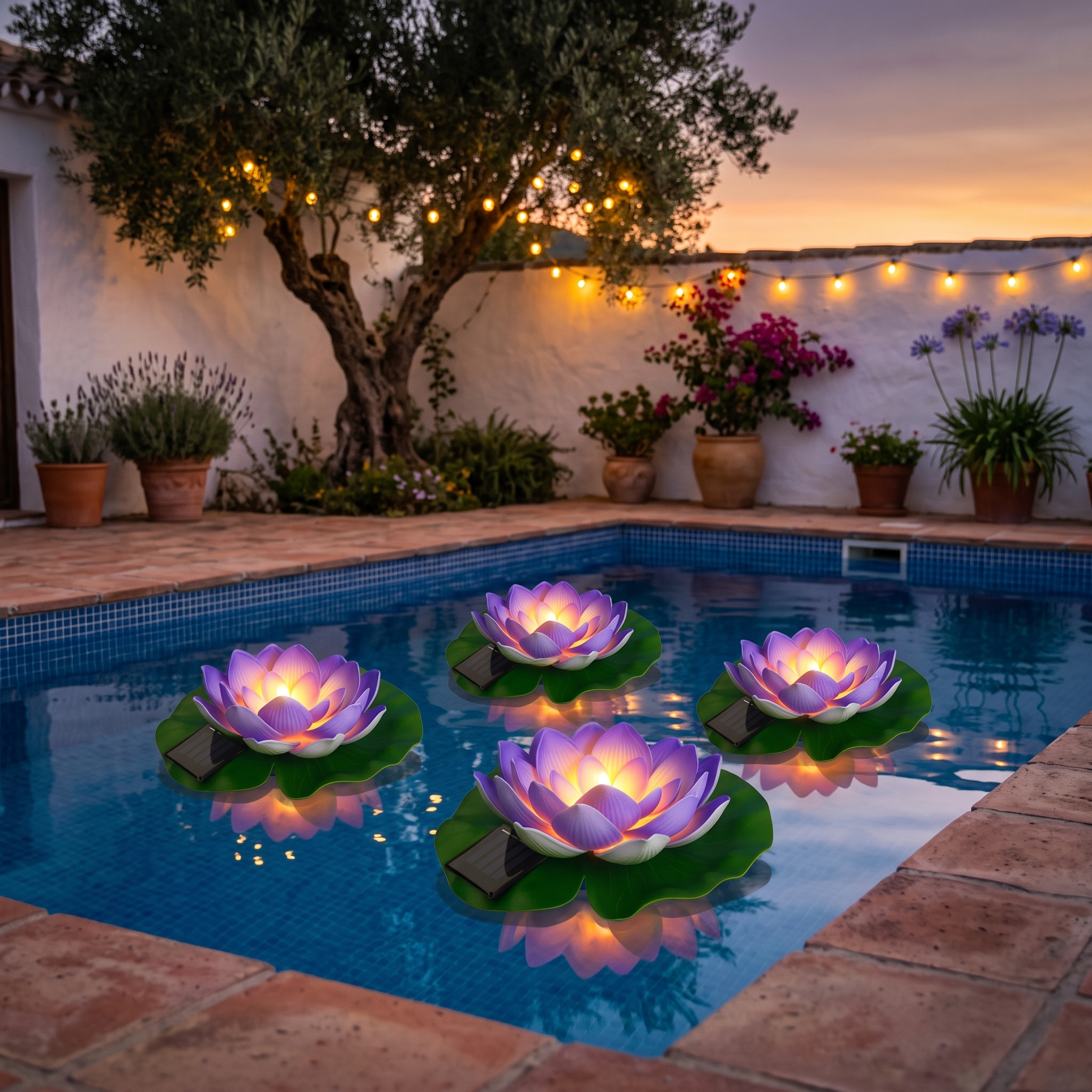 Cuatro lamparas solares flotantes de loto morado encendidas en una piscina espanola al anochecer