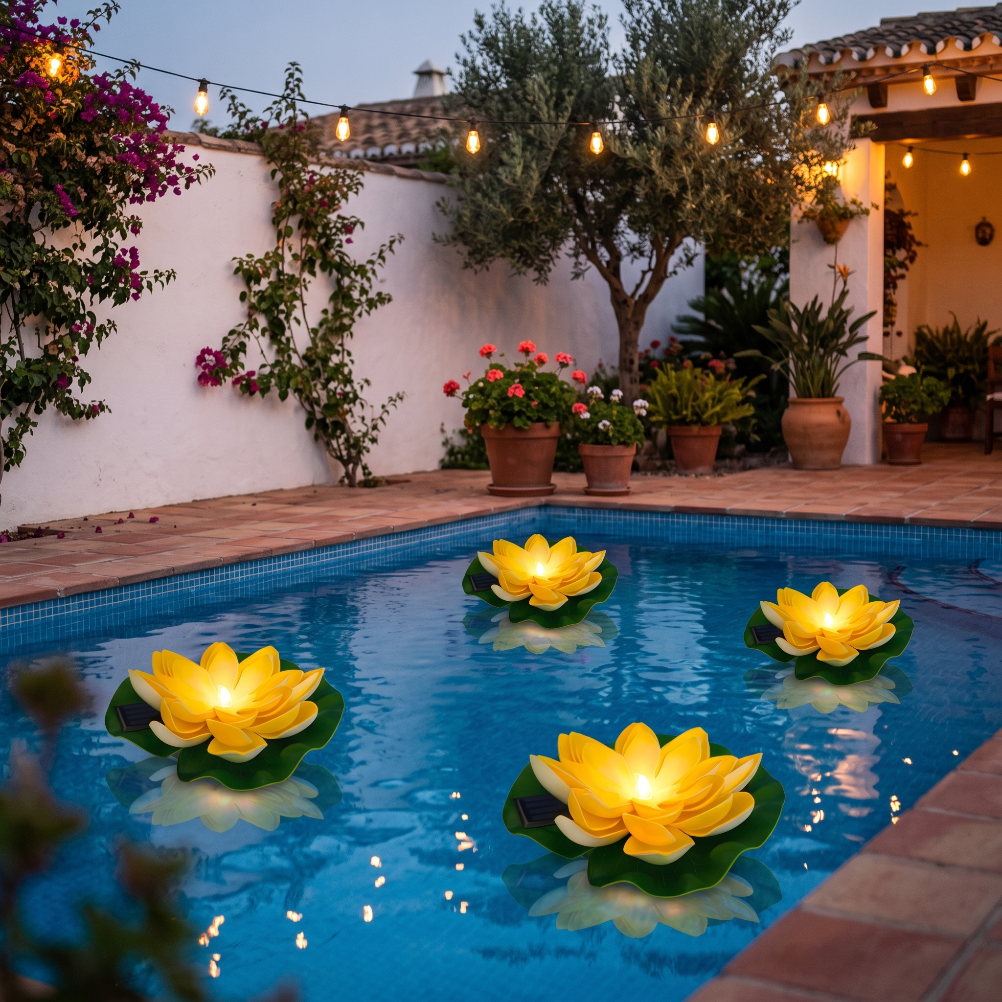 Cuatro lamparas solares flotantes de loto amarillo encendidas en una piscina espanola al anochecer