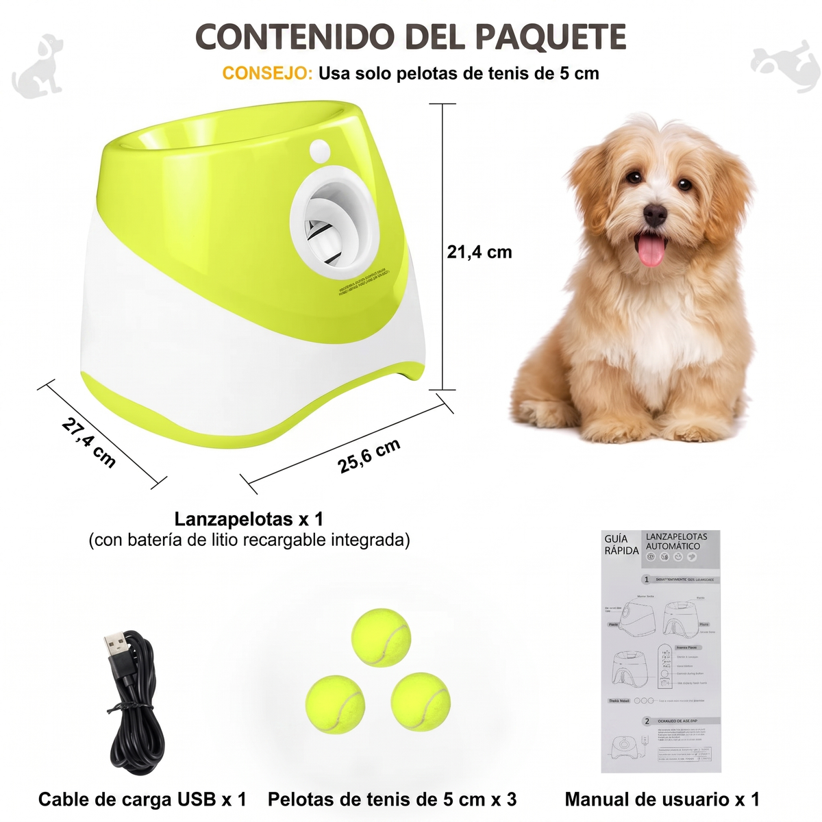 Contenido del paquete: lanzapelotas, 3 pelotas de 5 cm, cable USB y manual