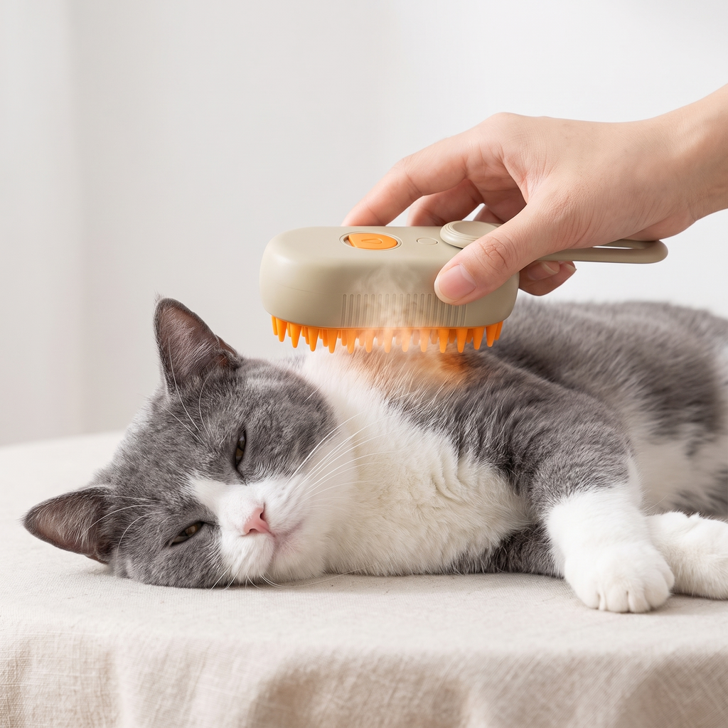 Cepillo de vapor VaporPelo naranja usado sobre un gato gris relajado
