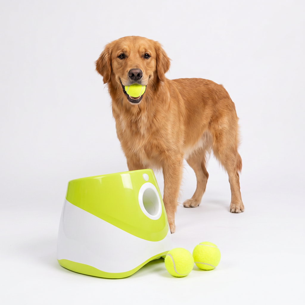Perro jugando con el lanzapelotas automatico JuegaSolo