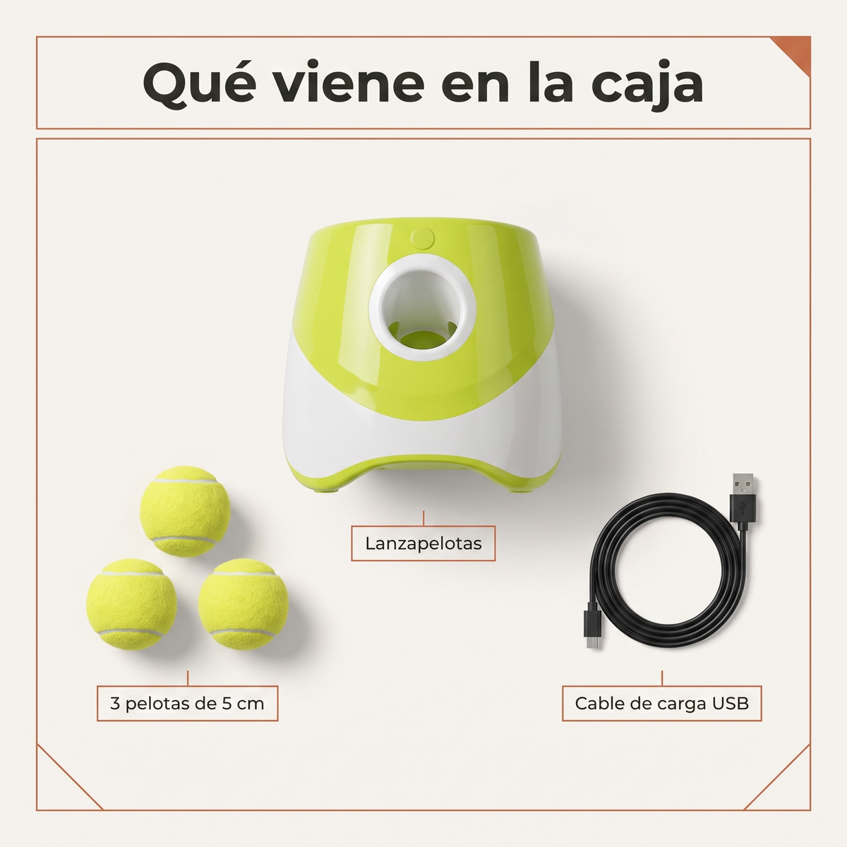 Contenido de la caja: lanzapelotas, 3 pelotas y cable USB