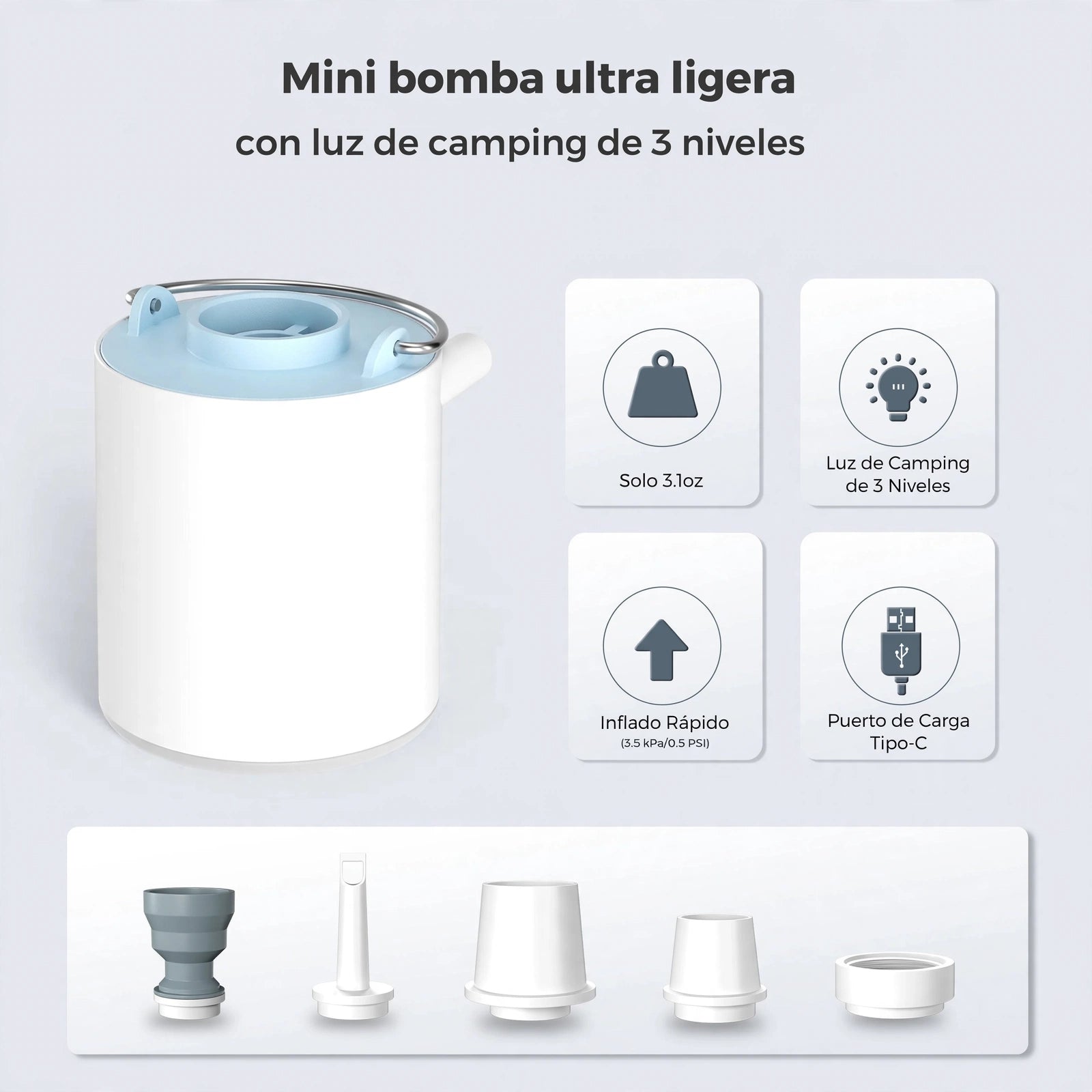 Bomba de Aire Portátil — Recargable USB-C con Luz LED