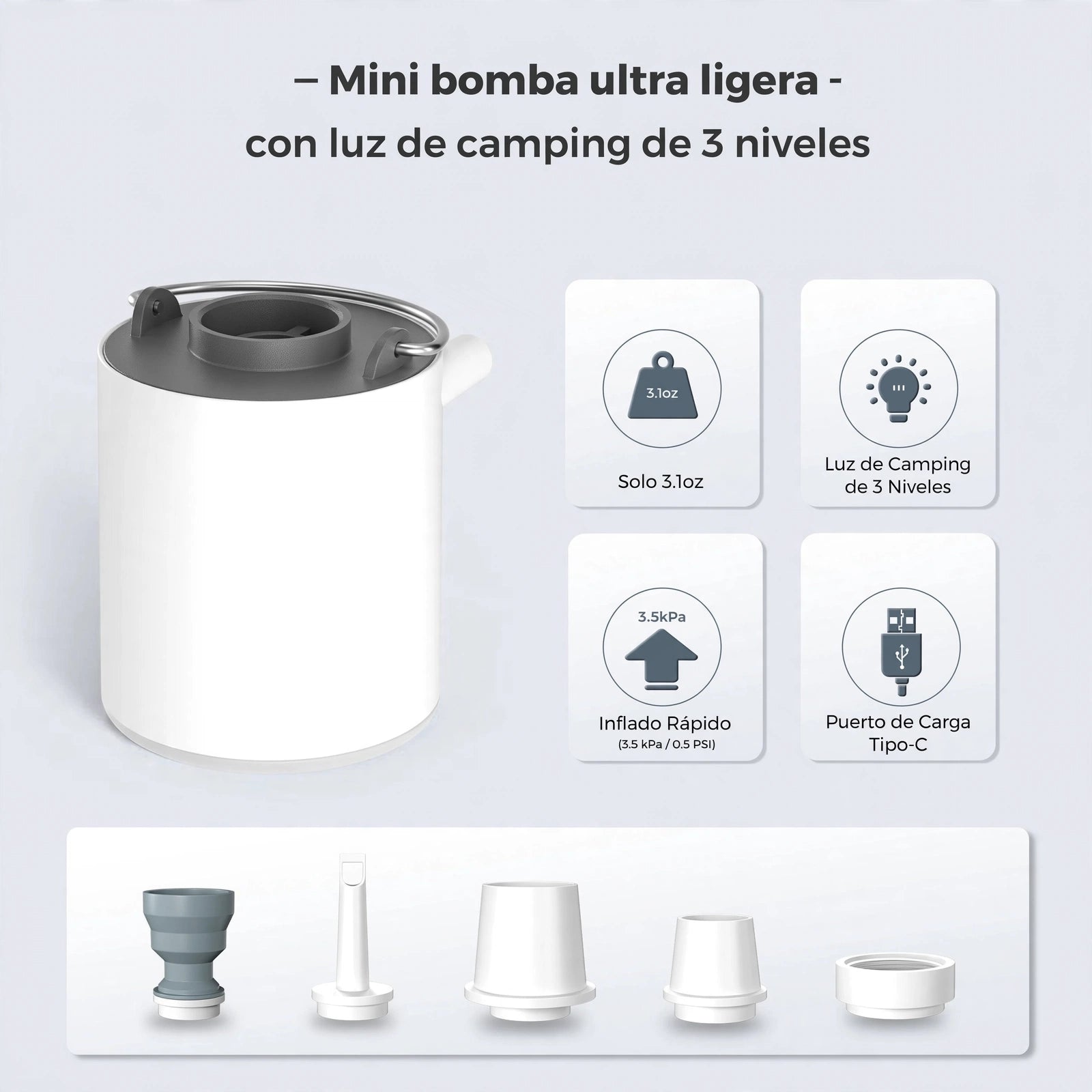 Bomba de Aire Portátil — Recargable USB-C con Luz LED