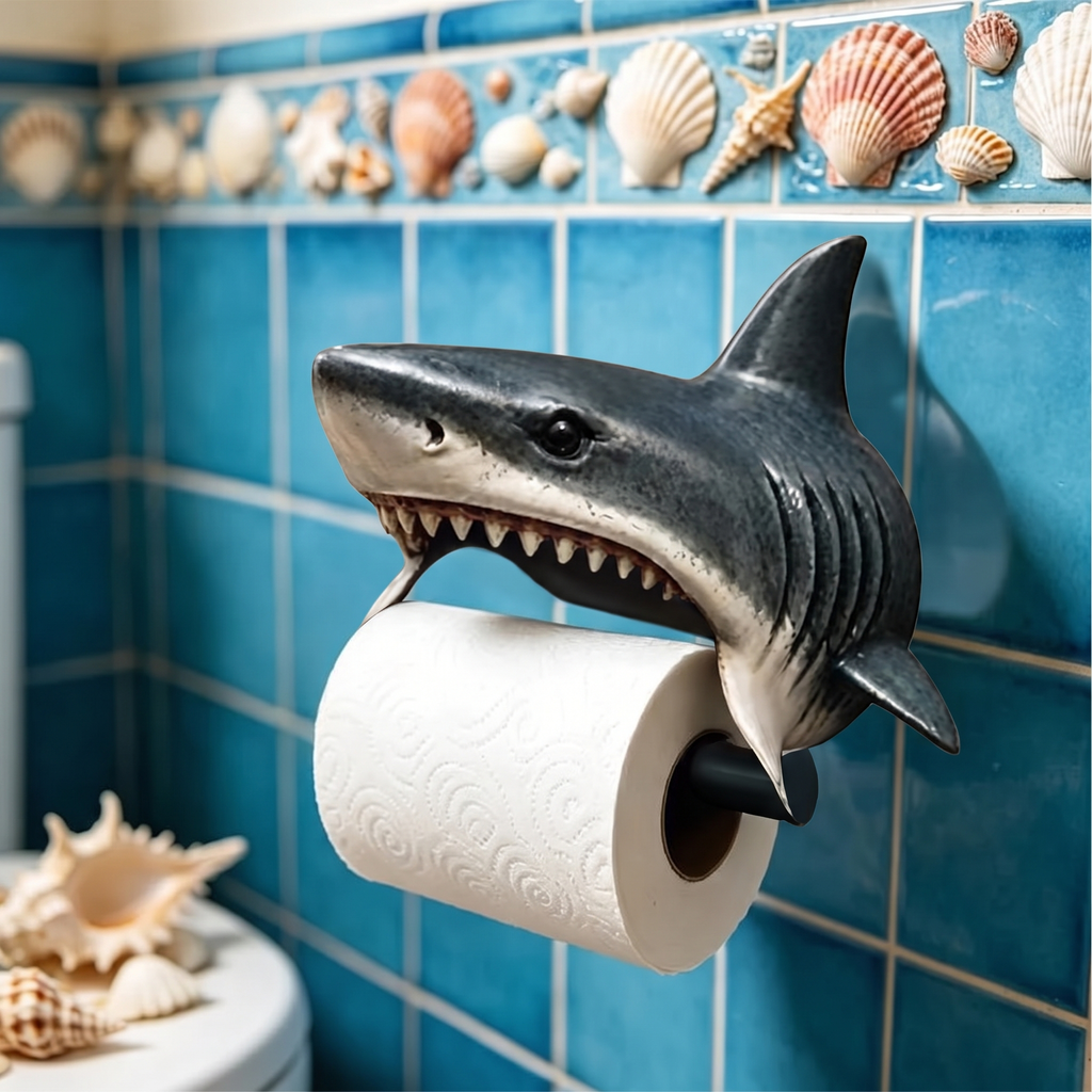 Portarrollos de pared estilo Tiburón en un baño costero