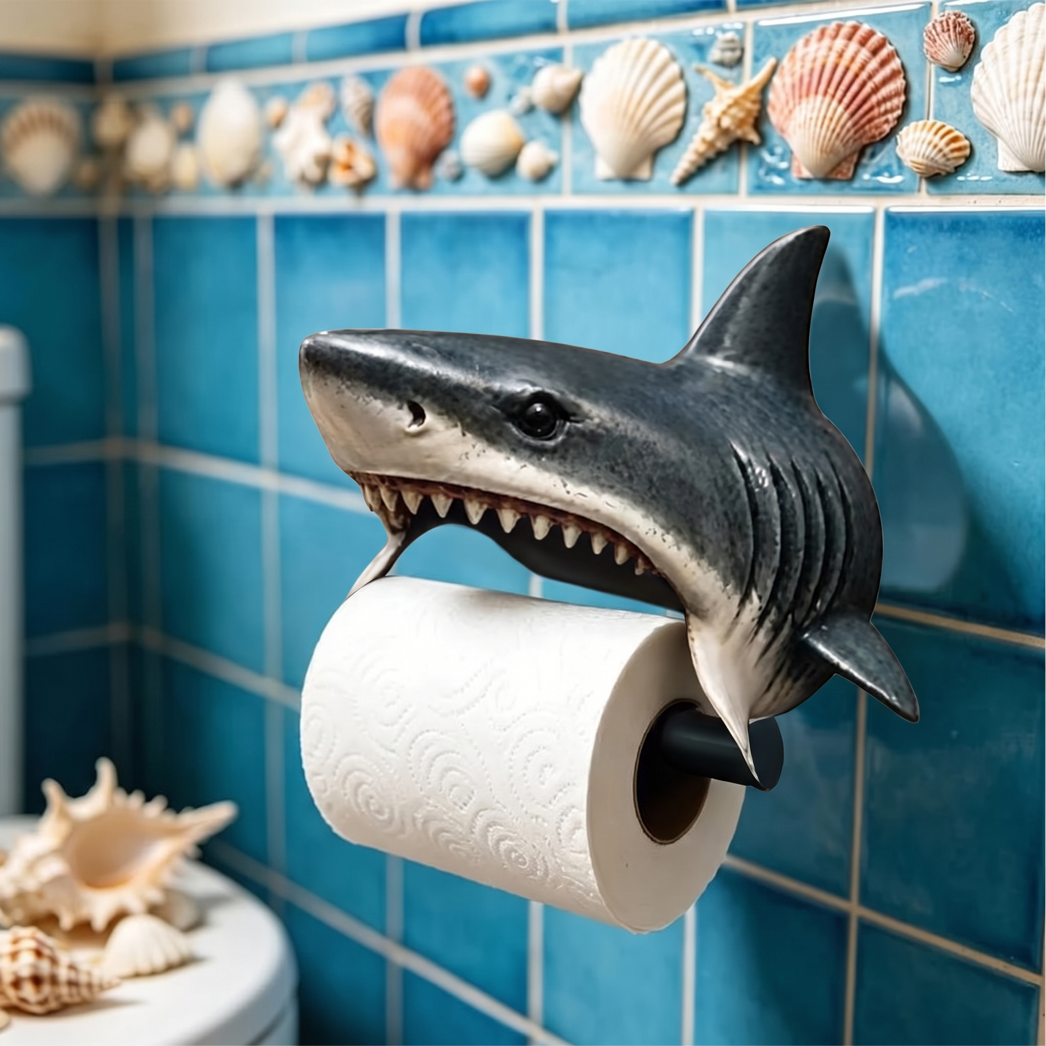 Portarrollos de pared estilo Tiburón en un baño costero