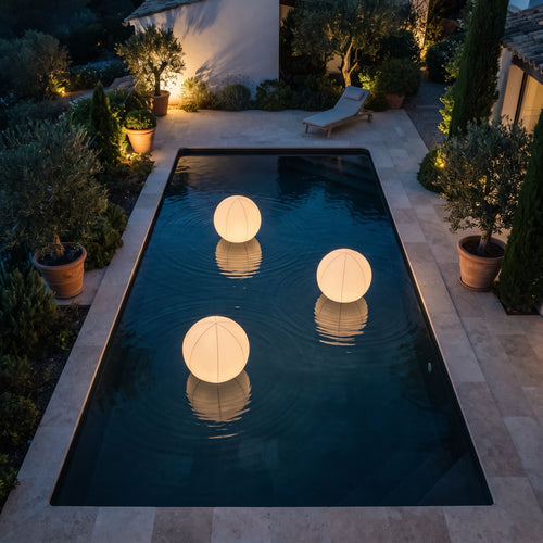 Set de 3 bolas solares flotantes iluminando una piscina mediterranea de noche