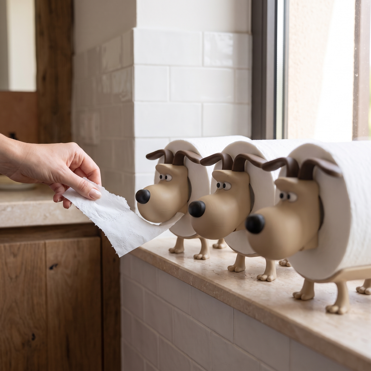 Tirando del papel de uno de los tres perritos
